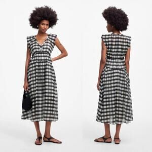 Madewell Womens Gingham Sheer V-Neck Dolman Maxi Dress NU571 Black Size XL NWT